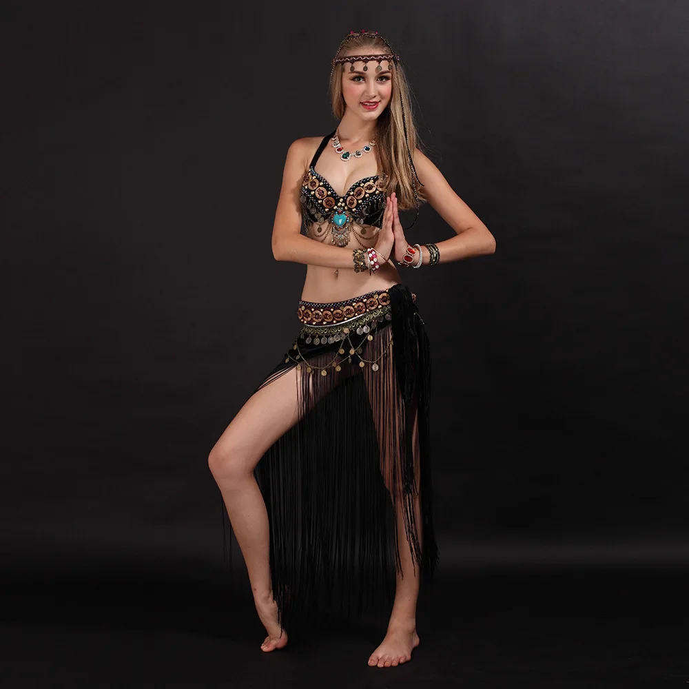 

Women Belly Dancing Clothes Tribal 2 Piece Outfit Coins Bra, Tassel Scarf Tribal Belly Dance Costume Set Professional