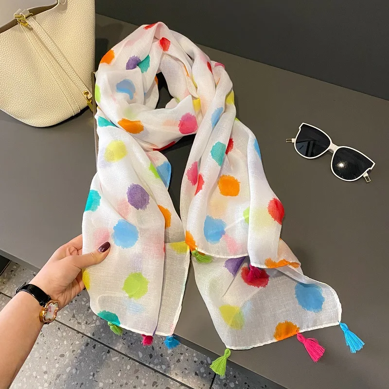 Spain Luxury Fashion Floral Dot Tassel Viscose Shawl Scarf High Quality Wrap Thin Pashmina Stole Bufandas Muslim Hijab 180*90Cm