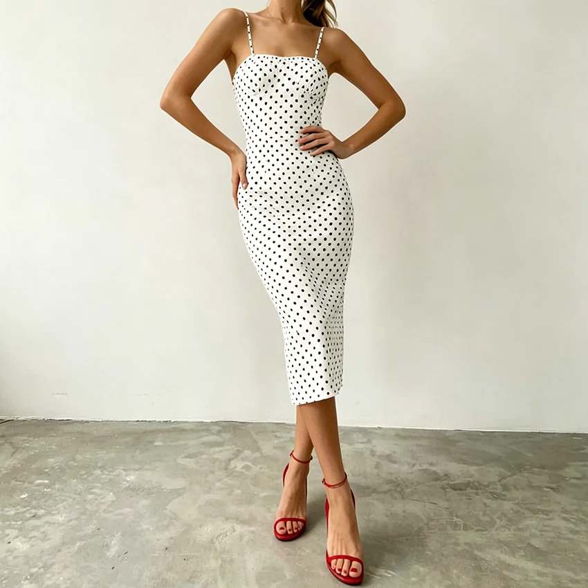 

Linad Summer Sexy Polka Dot Spaghetti Strap Midi Dress Woman Casual Slim Sleeveless Dresses Street Chic High Waist Dress 2026