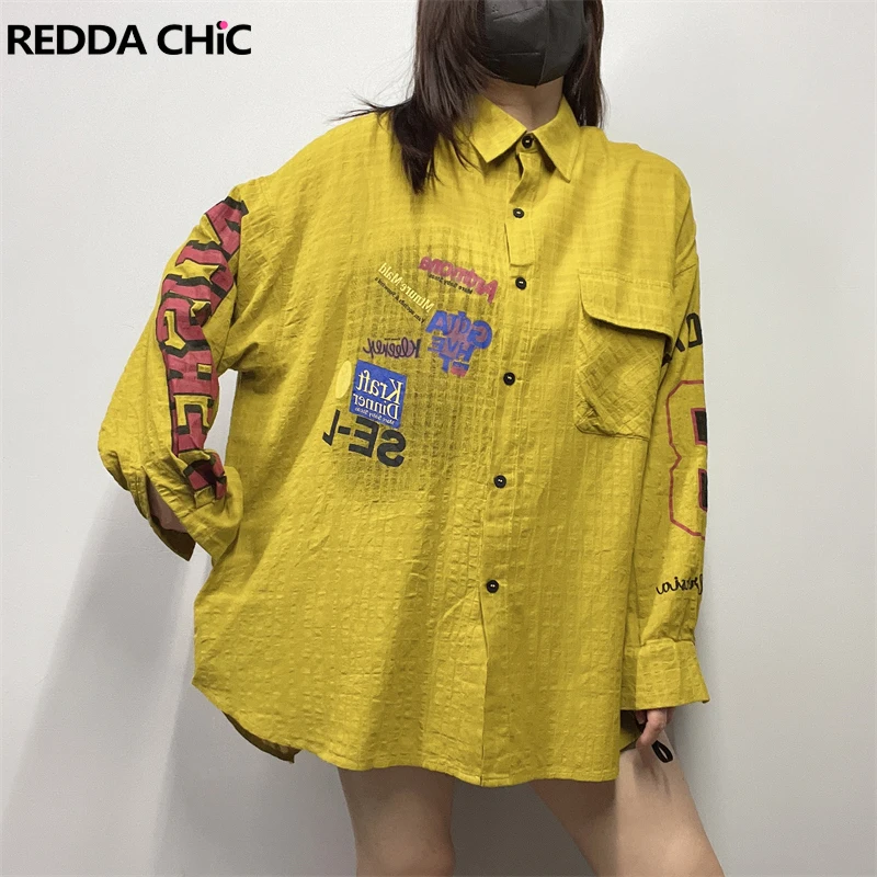 

ReddaChic Boyfriend Oversize Women Blouse Top Long Sleeves Lapel Textured Hiphop Graphic Print Shirt Casual Vintage Streetwear