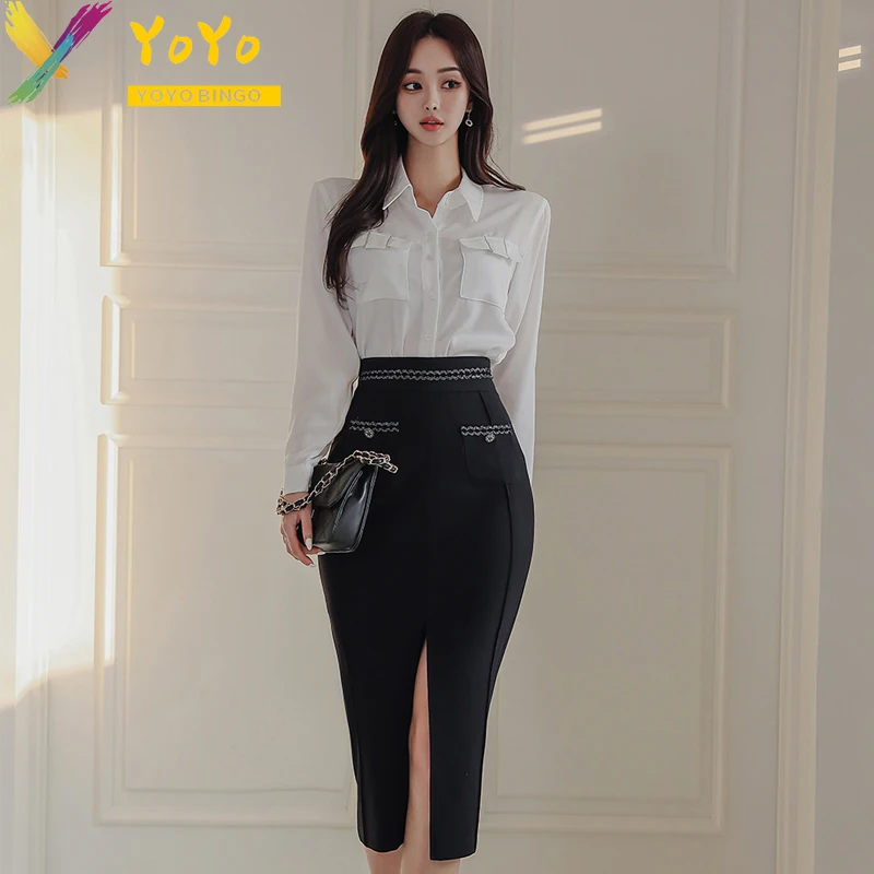 

Formal Set White Lapel Pocket Long Sleeve Shirt + Black Pocket Front Slit Skirt Autumn/Winter Slim Bodycon Office 2 Pieces Set