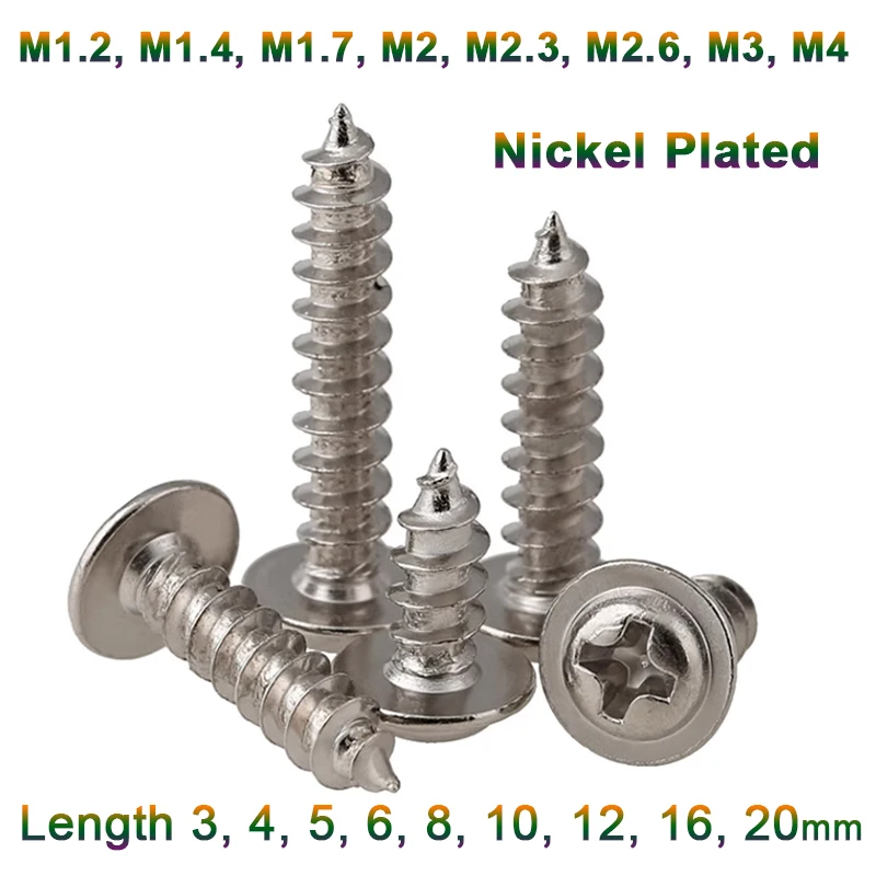 

M1.2,M1.4,M1.7,M2,M2.3,M2.6,M3,M4 Nickel Plated Cross Phillips Pan Round Head Washer Collar Pad Self-tapping Screw Length 3-20mm