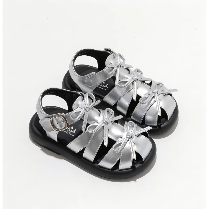 Kids'Casual Shoes Sandals PU Leather Bow Fashion Summer Shoes For Girls Hook and Loop Anti-slip Silver Black Shoes Size 26-36