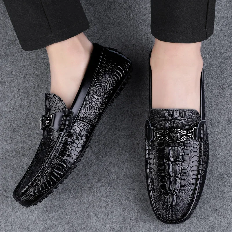 Lente Zomer Heren Slip On Schoenen Casual Leren Mannen Loafers Mocassins Mode Rijschoenen Krokodilpatroon Man Lopen Flats