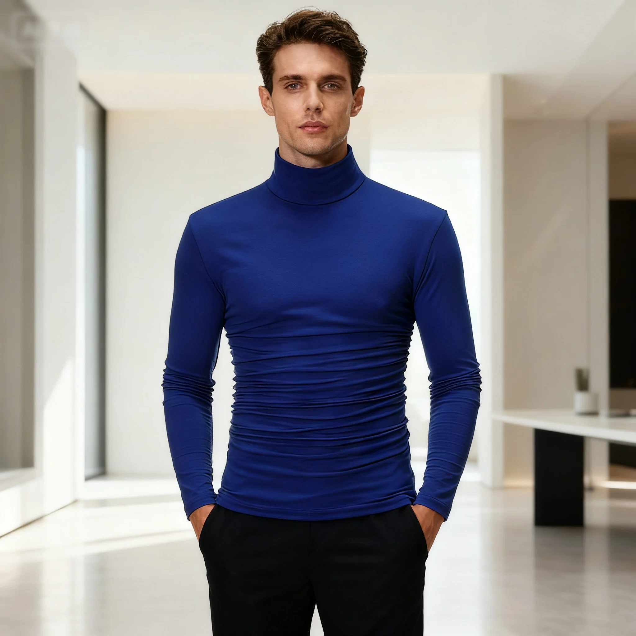 2025 New Running T-shirt Men's Slim Fit Basic High Neck Pullover Men's Autumn Winter Top Basic Solid Color Long Sleeved T-shirt