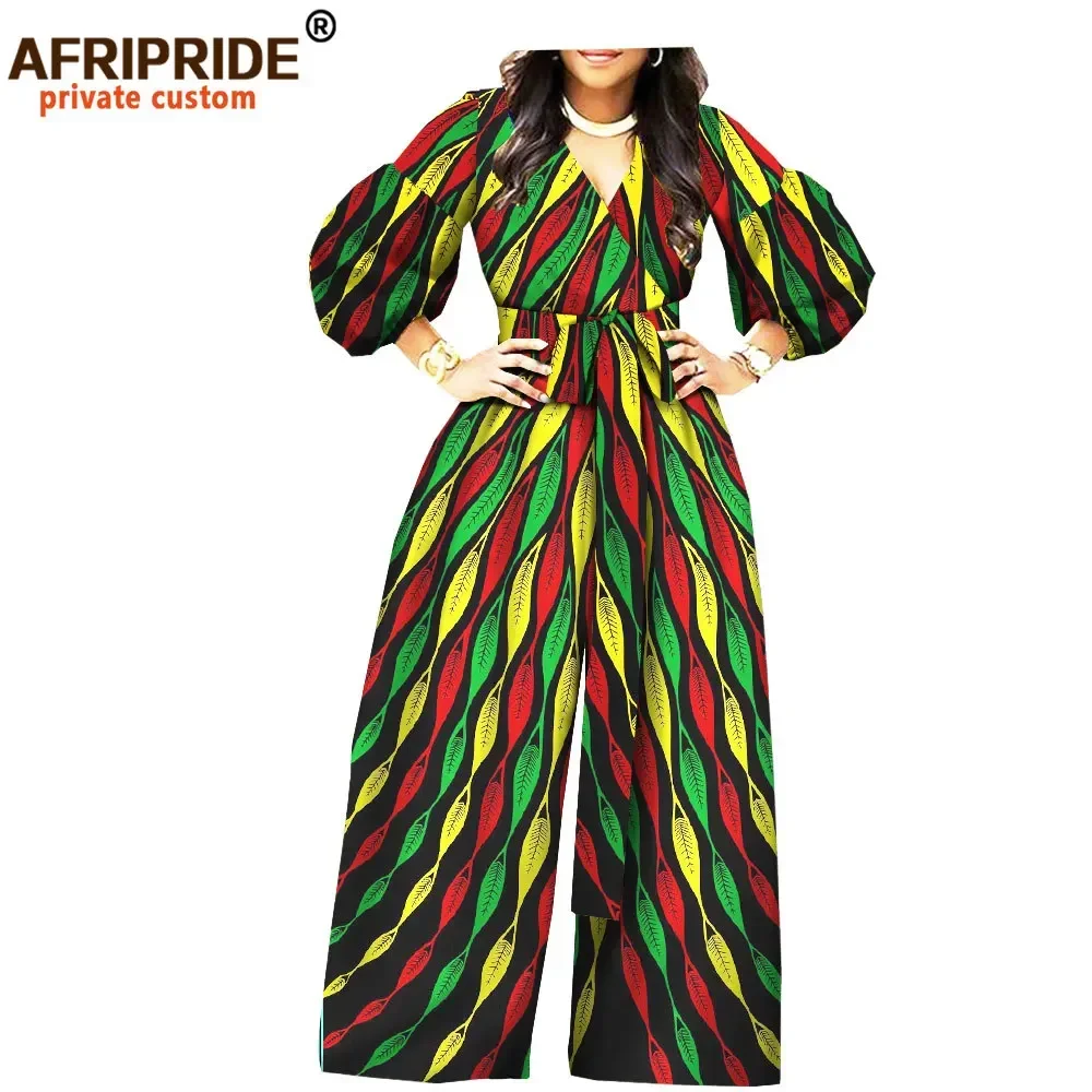 2024 African Jumpsuit for Women Three Quarter Lantern Sleeve Full Length Wide Leg Women Cotton Jumpsuit African Clothes A1829011