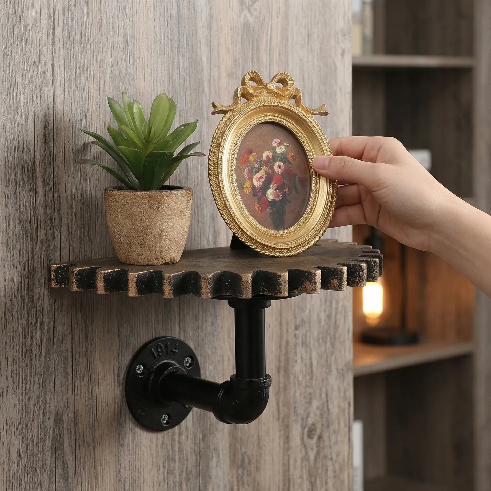 Industrial Vintage Water Pipe Gear Wall Mounted Shelf Rustic Farmhouse Floating Partition Decor for Living Room Bedroom Office