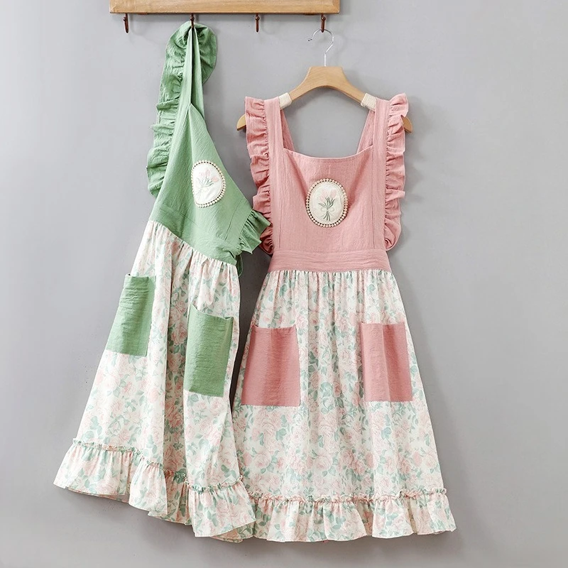 

Платье принцессы из чистого хлопка с цветочным узором, дышащий и очень красивый фартук, домашняя кухня, цветочный магазин, рабочая одежда