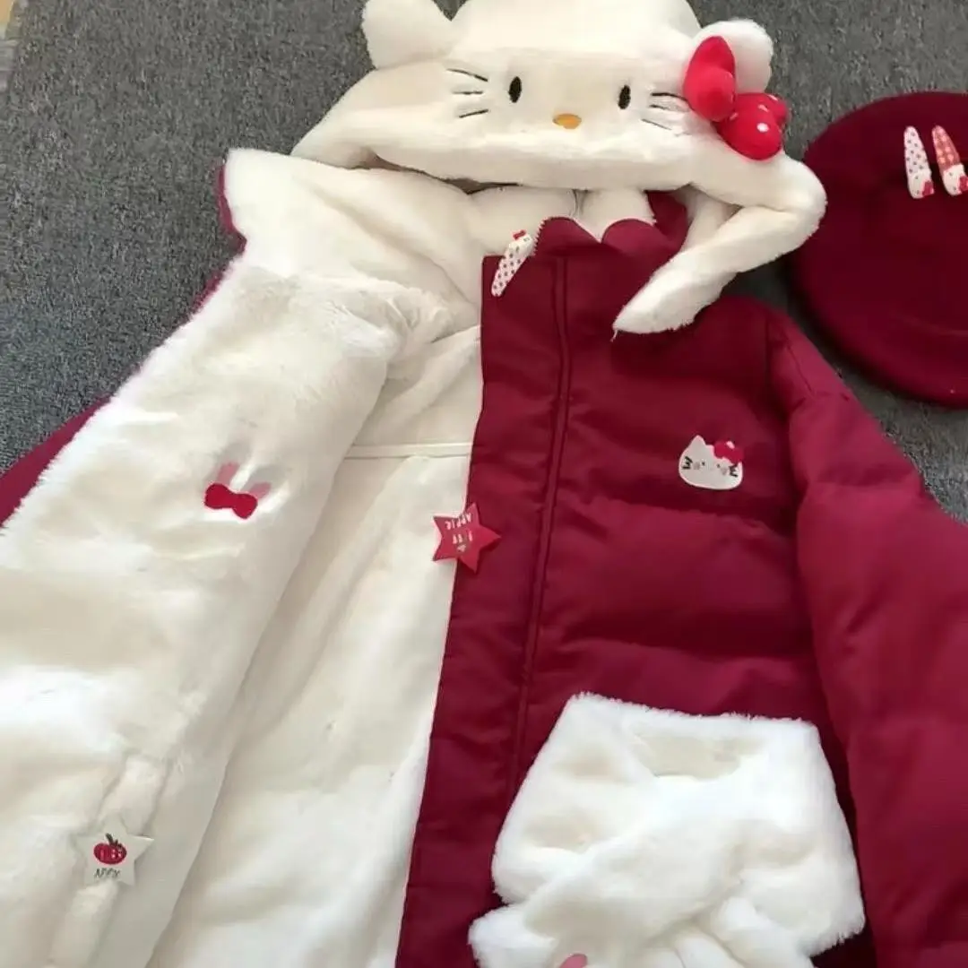 

Зимний женский пуховик в стиле аниме Sanrio Hello Kitty, двустороннее утепленное пальто Cinnamoroll, кавайная теплая хлопковая одежда для девочек, топы