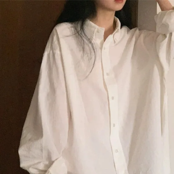 

SuperAen White Shirt Women's Spring and Summer Long Sleeves Loose Oversize Style Korean Sunscreen Shirt Cotton and Linen Top