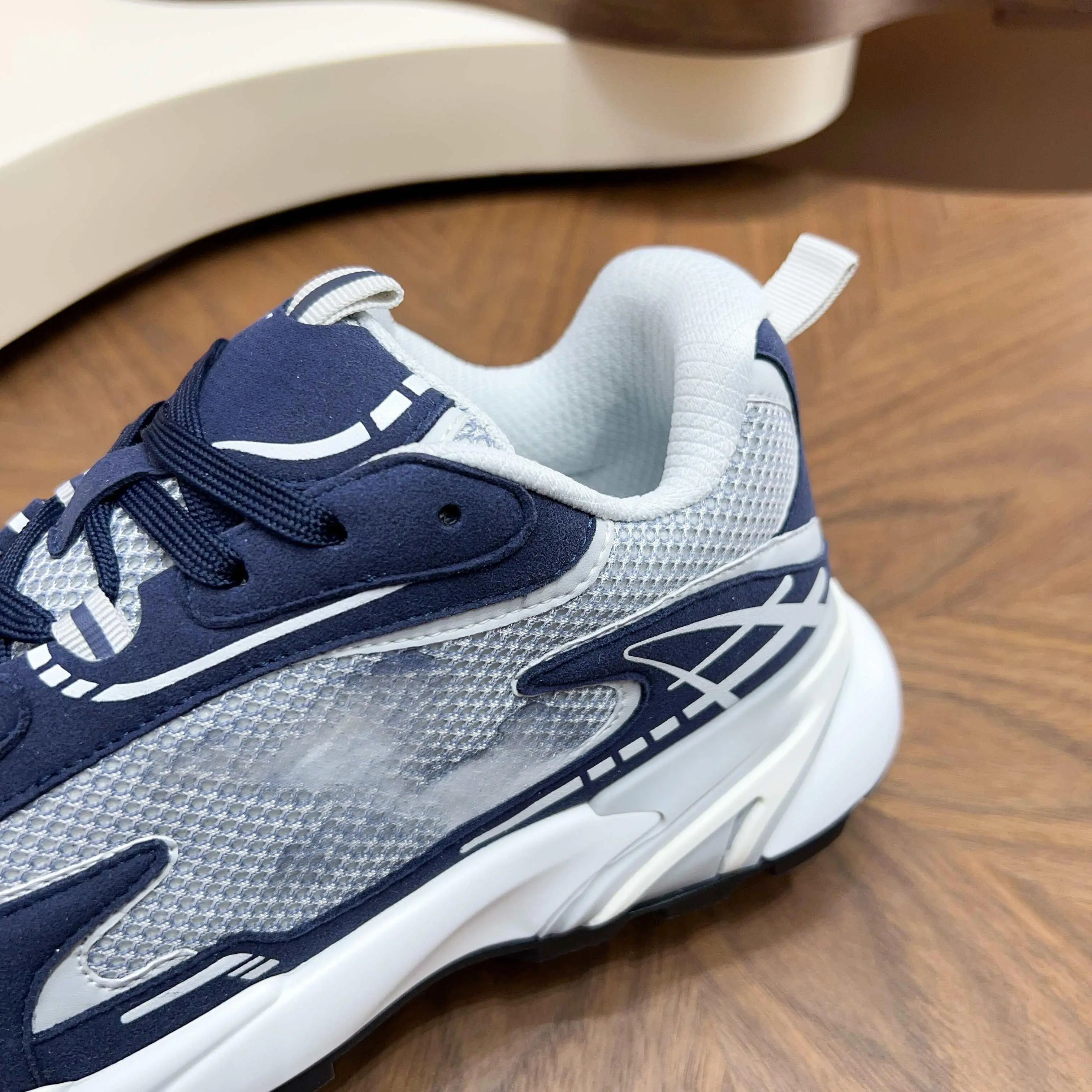 Unisex Patch Mesh Thick Sole Jogging Shoes Navy Contrast Line Lightweight Elevated Street Casual Dad Sneakers