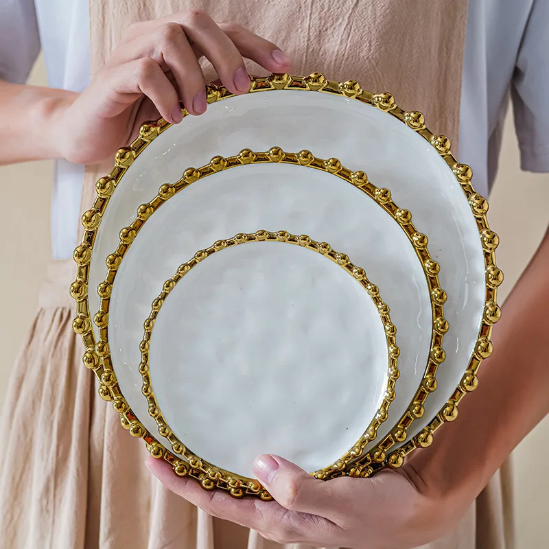 Creative Gold Pearl Ceramic Dinner Plate Luxury Breakfast Dessert Fruit Plate Kitchen Cutlery Steak Pasta Dishes Home Decor New