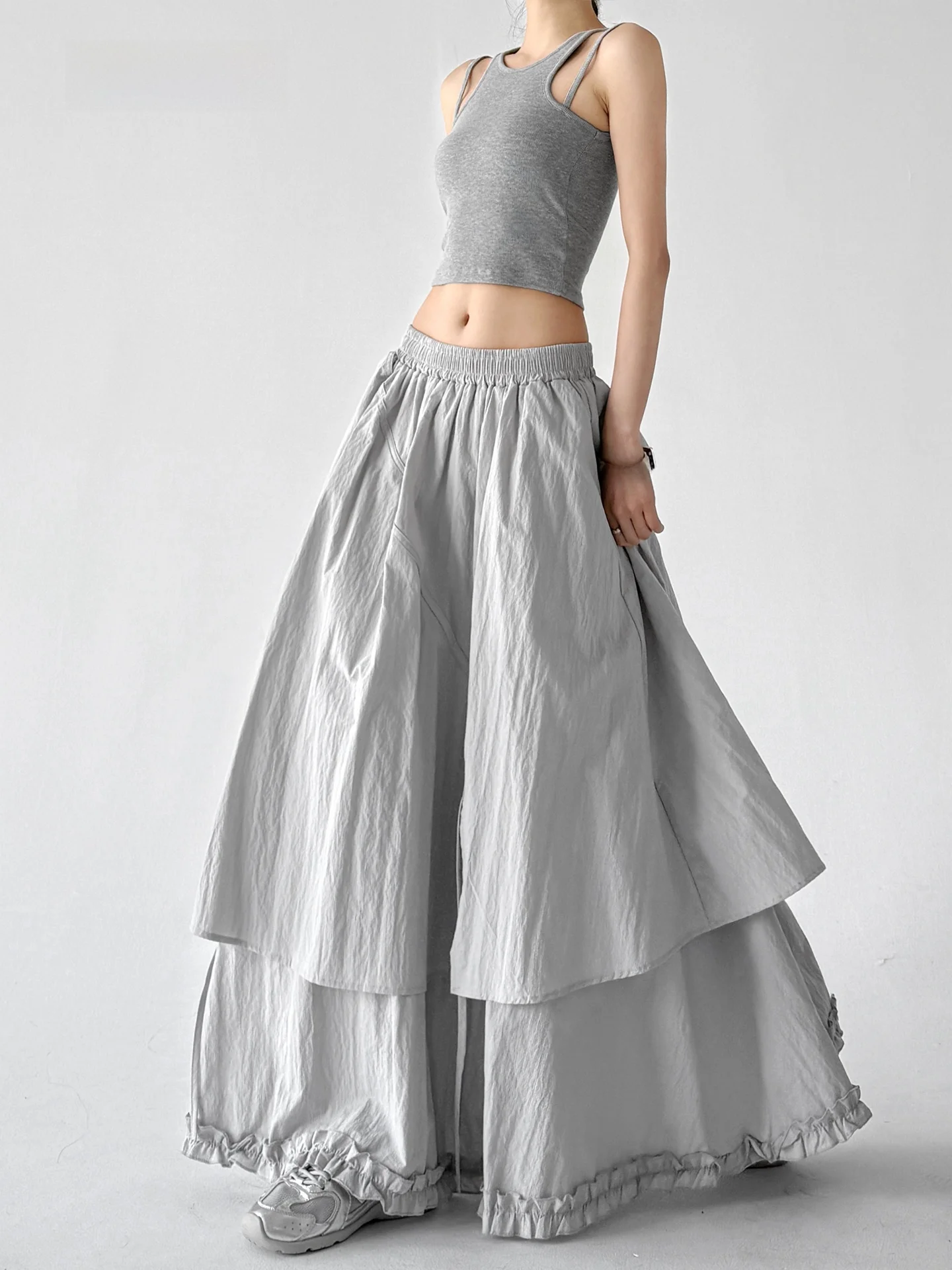 

Grey A-Line Skirt Women's Spring Summer Elastic Waist Cake Skirt Design Long Skirt Elastic Waist Design Sensation