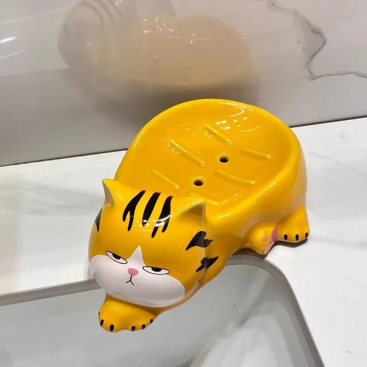 Orange/Gray Cartoon Cute Cat Bathroom Soap Holder with Drain Water Soap Box Soap Storage Case Container Bathroom Accessories