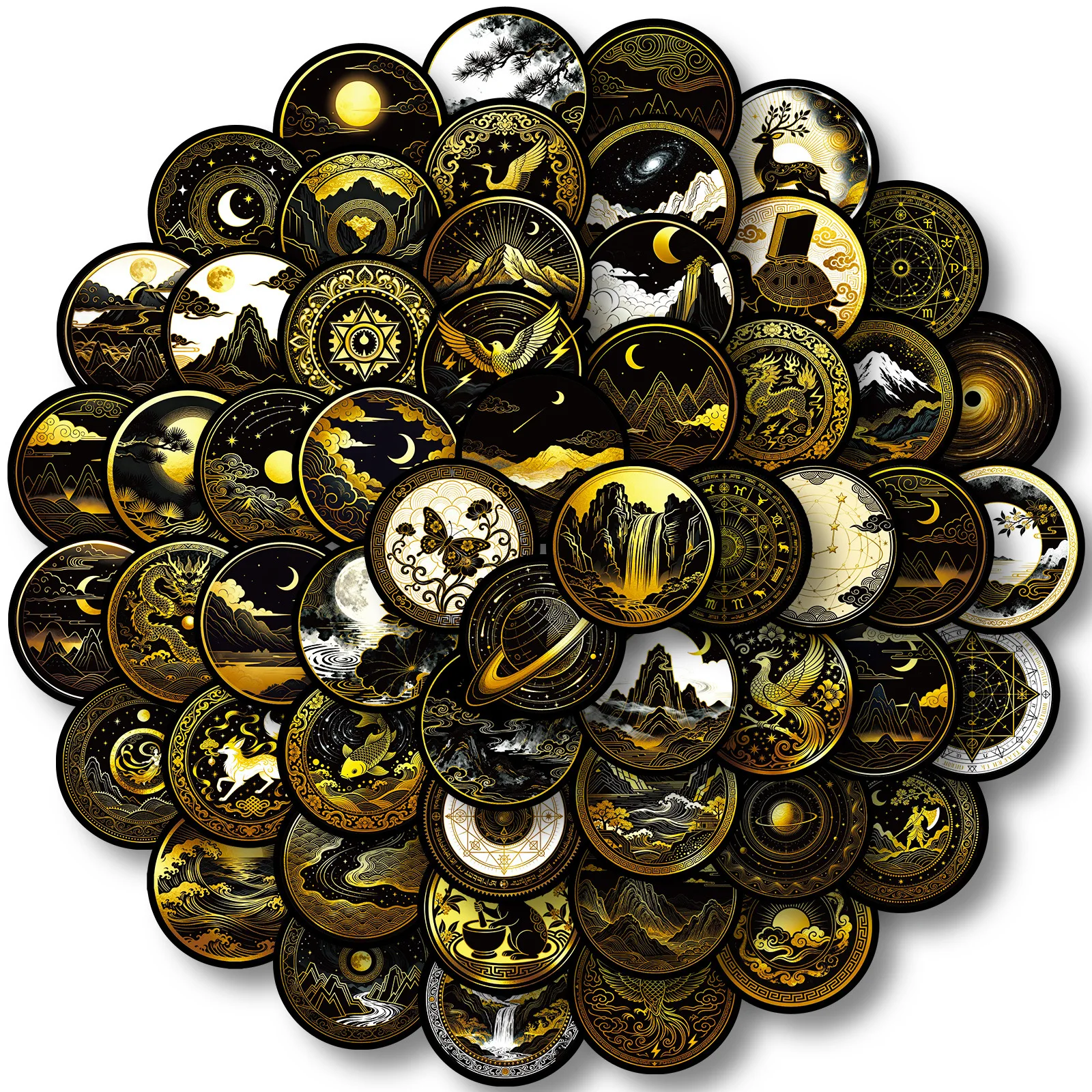 10/30/56 szt. Nowe czarno-złote naklejki z motywem niebiańskim, kreskówkowymi graffiti, okrągłe, z czarnymi krawędziami, kreatywne, personalizowane naklejki dekoracyjne ‌