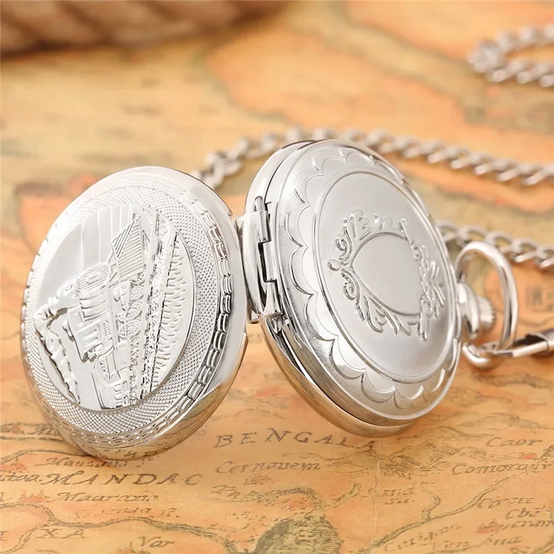 Steampunk Silver Locomotive Steam Train Clock Unisex Hand Winding Mechanical Pocket Watch Roman Number Pendant Chain reloj