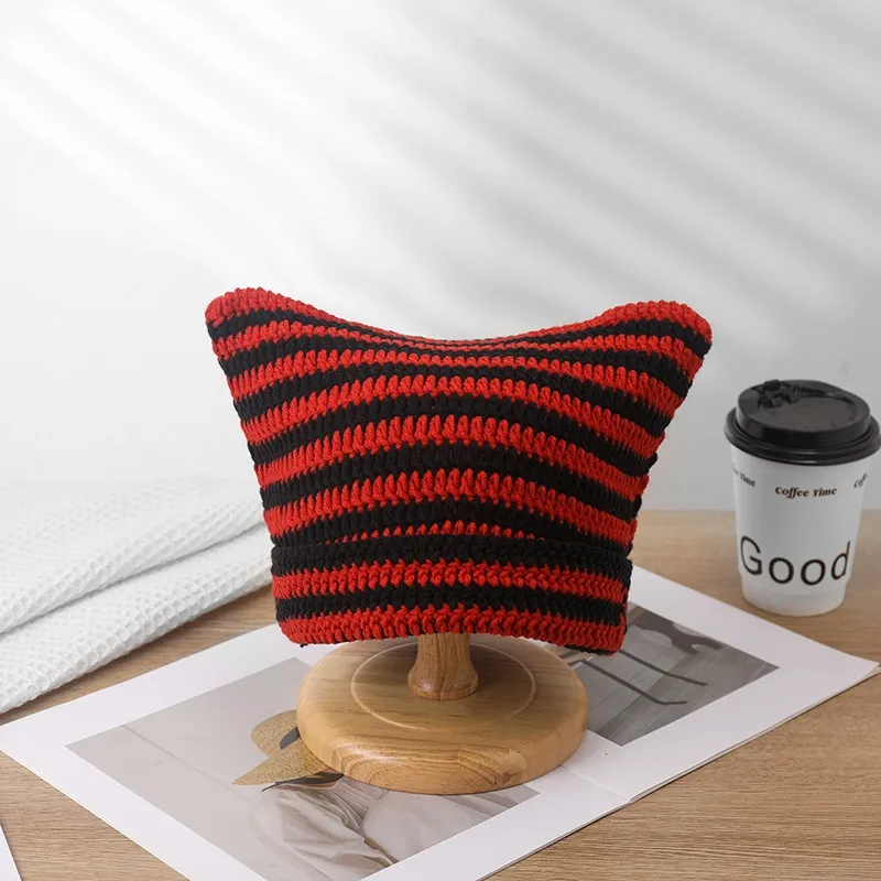 Crochet Cat Ear Slouchy Beanie Japanese Color Block Handmade Knit Hat Women EU US