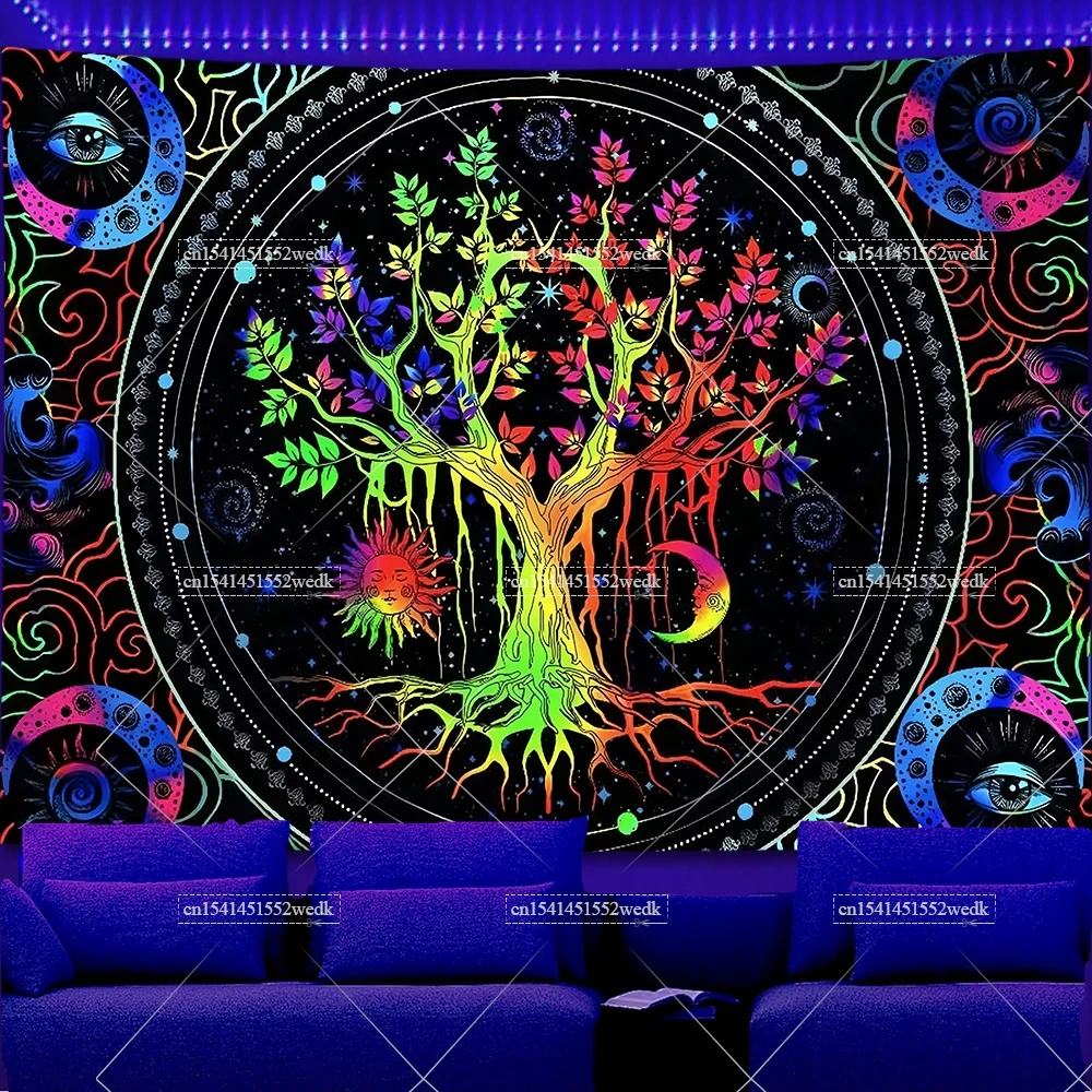 Tree Of Life Black Light Tapestry UV Reactive Sun Moon Galaxy Glow In The Dark Tapestry Aesthetic Room Decor Neon Party Backdrop