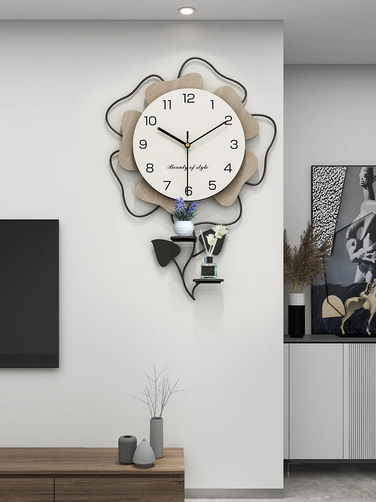 

Modern Simple Silent Wall Clocks with Storage Holder, Living Room Clock, Creative Flower Shape Wall Watches, Metal Wall Shelf