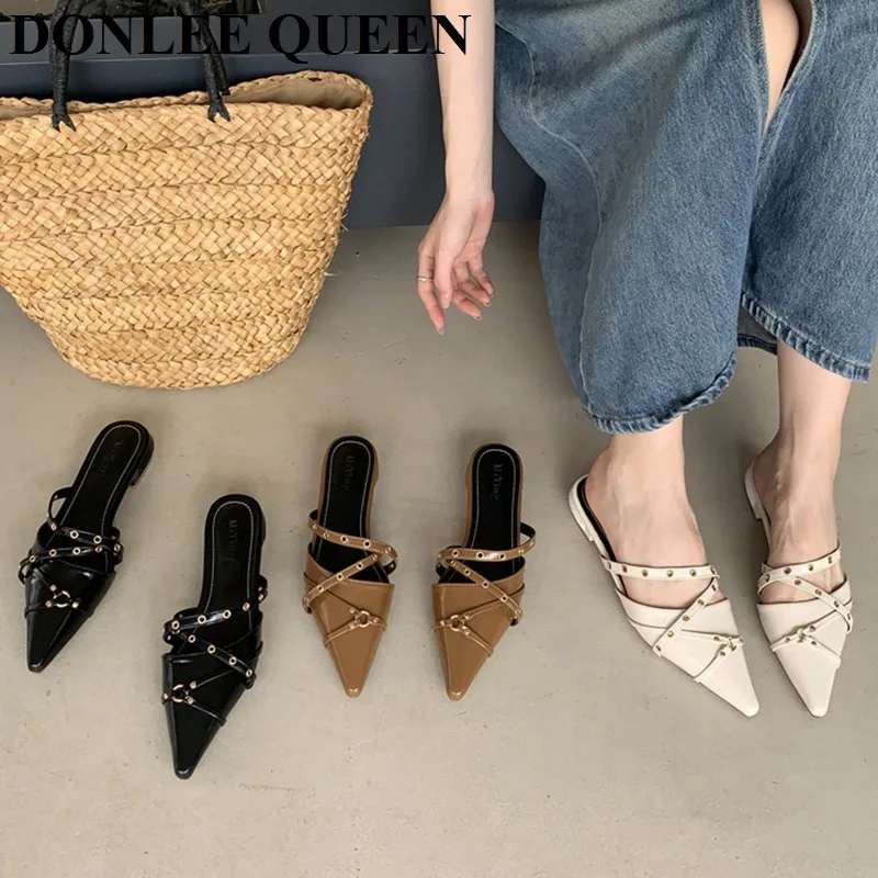 Fashion Pointed Toe Flat Heel Mules Shoes Women Closed Toe Outdoor Slippers Elegant Slide Narrow Band Sandal Brand Rivet Slipper