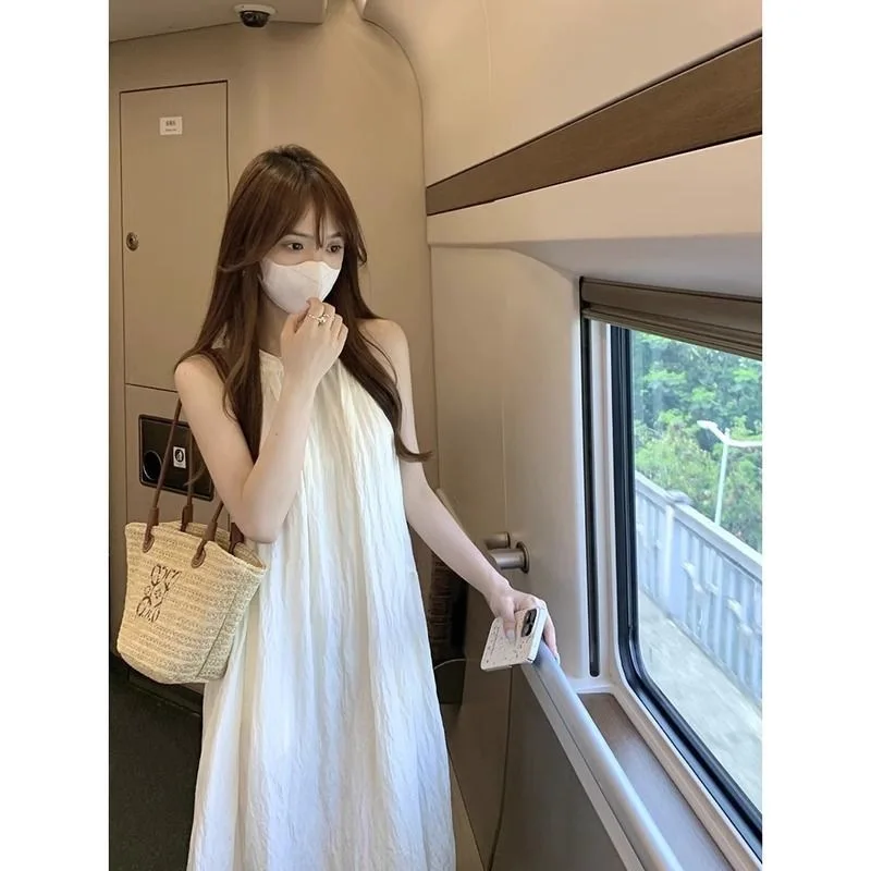 Summer French style hanging neck dress, fairy loose and slimming new style sleeveless sweet temperament long skirt