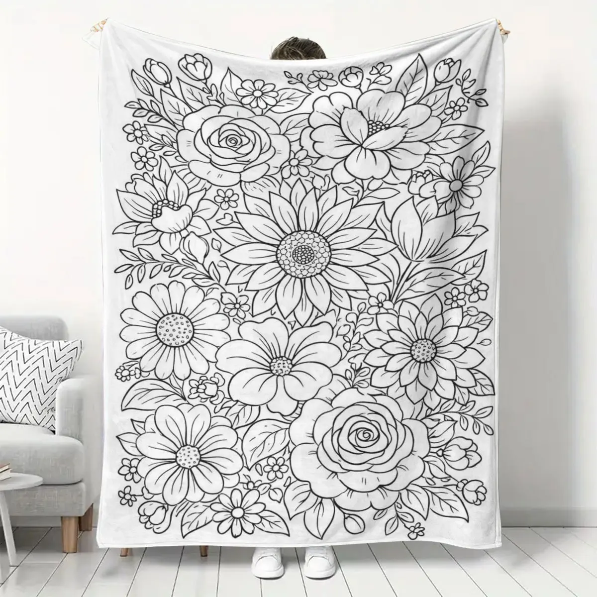 1pc Hand‑Drawn Floral‑Print Throw Blanket, Sofa & Office & Lunch Break Decor, Relaxing DIY Coloring Home Gift