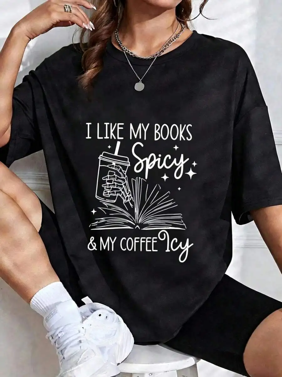 Women Crewneck Short Sleeve T Shirt Loose Fit Fun Book Coffee Slogan Print Casual Summer Daily Streetwear Trendy Outfit Top