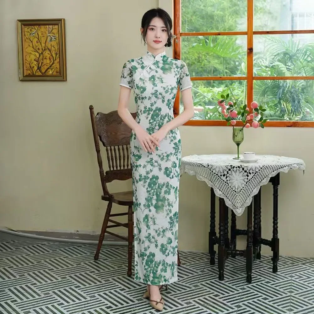 

Asian Cheongsam Chinese Style Dress Slim Long Dresses Chinese Traditional Clothes for Women Improved Summer Retro Long Qipao