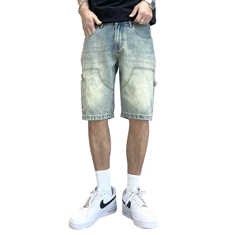 Tooling Style Denim Shorts Men's Summer Loose Straight Retro High-End Trendy Fashion Joker Casual Distressed Cropped Pants