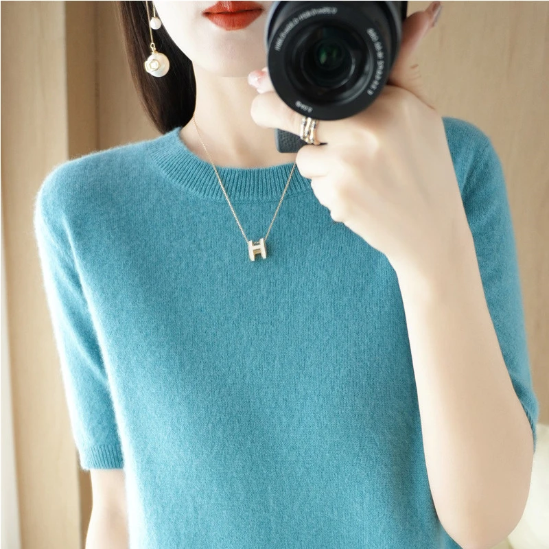 Spring Summer Short Sleeve Women Sweaters Korean Fashion Knitwears Slim Fit Bottoming Shirts Casual O-neck Pullovers Knit Tops