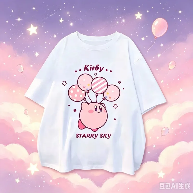 2026 Kirby Shirt Sommer O-Ausschnitt Rundhals-T-Shirt Kurzarm-Oberteil Einfarbig Erwachsenen-Druck Anime Weißes T-Shirt mit Kragen Paar-T-Shirts