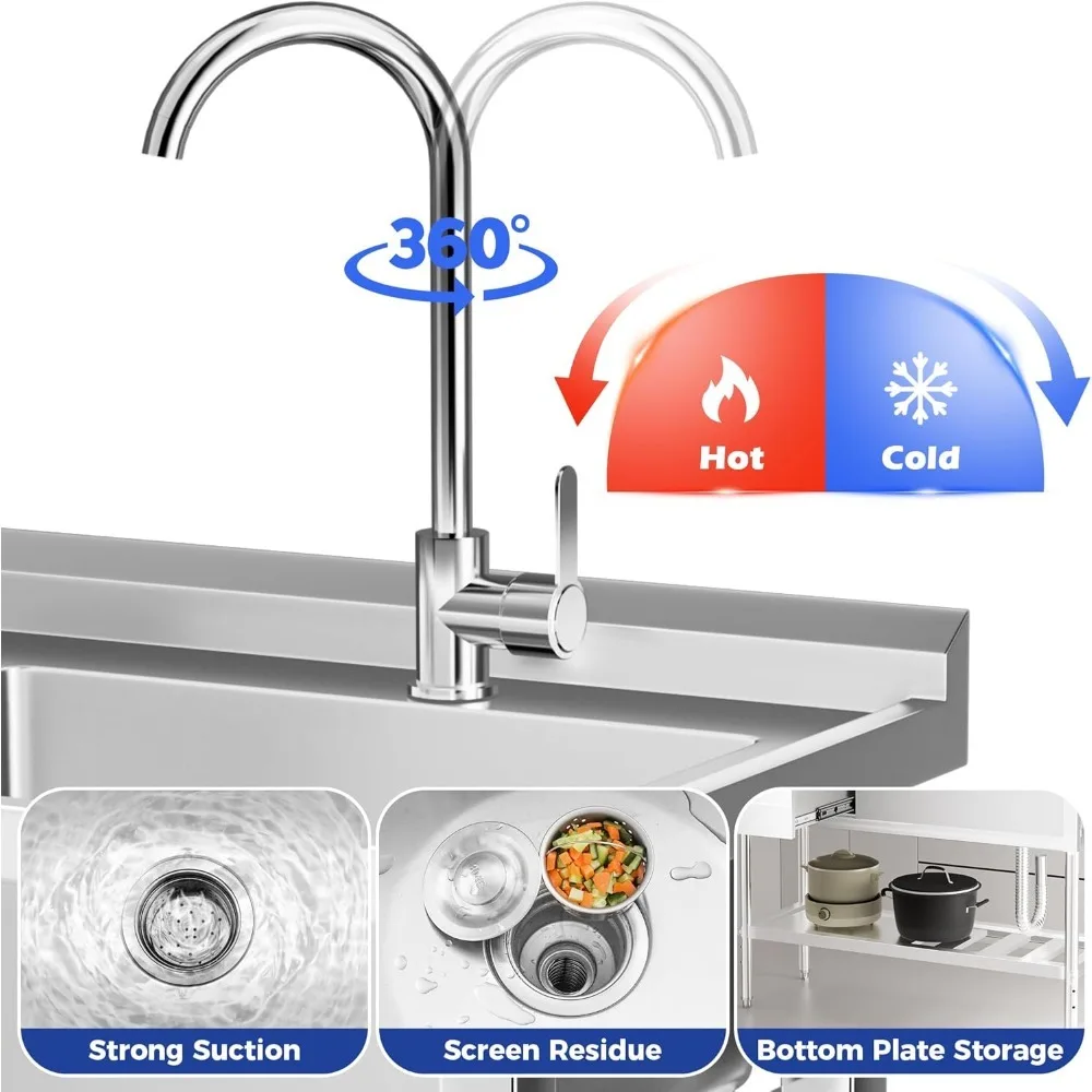 حوض المرافق عالي الجودة من الفولاذ المقاوم للصدأ، وعاء واحد قائم بذاته، حوض المطبخ التجاري مع منضدة ورف تخزين،