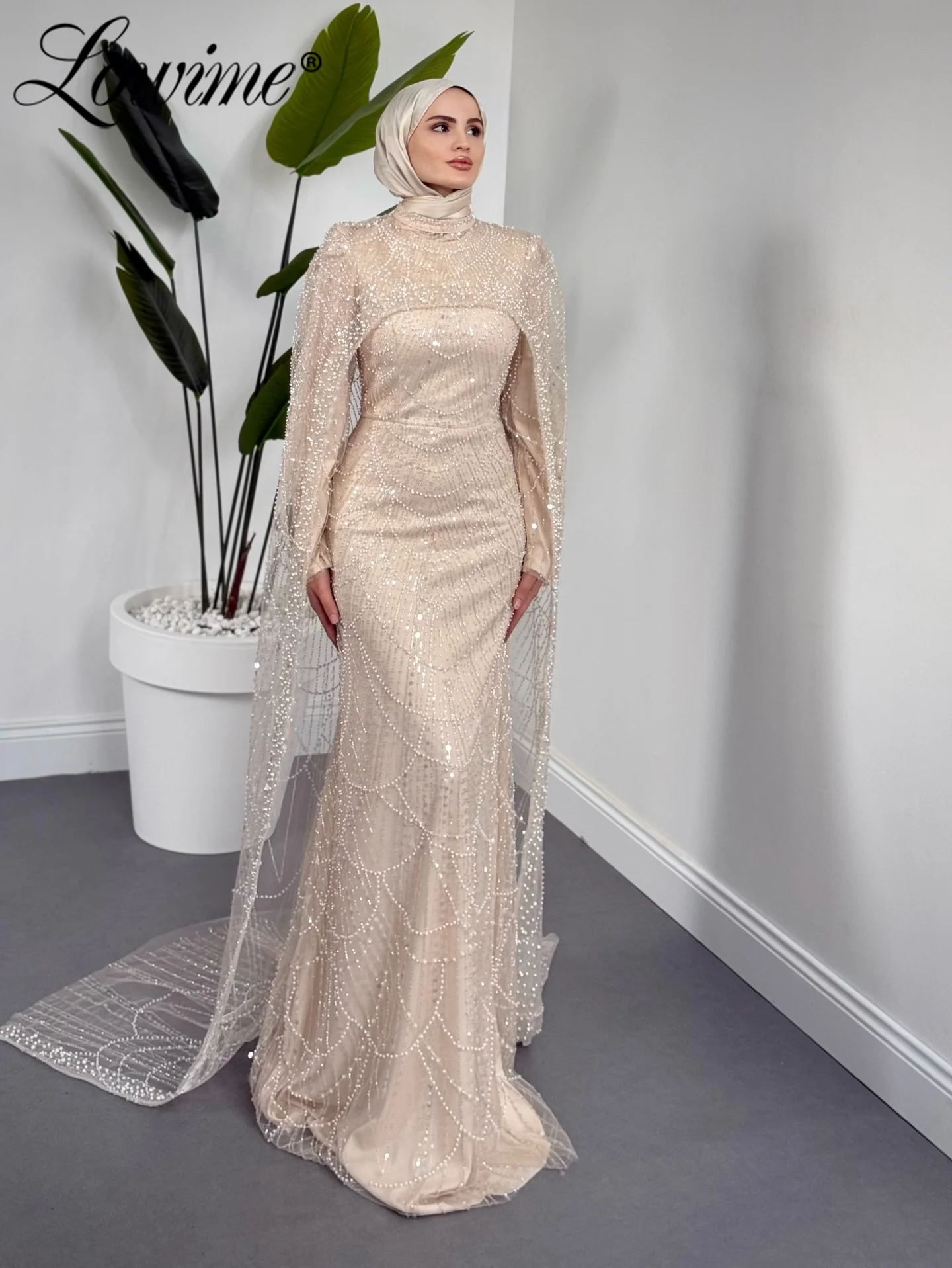 

Индивидуальный мусульманский вечерний наряд с хиджабом, черный/темно-синий, с бисером и жемчугом, длинными рукавами-накидками, для вечеринок в арабском стиле, Дубай