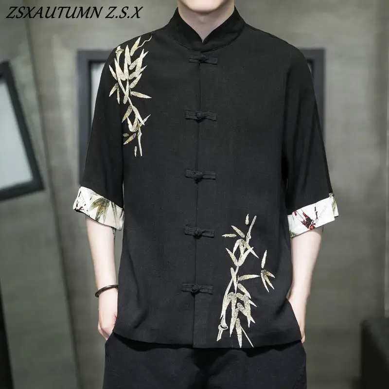 Tang Suit Men Chinese Style Summer Thin Cotton Linen Embroidery Shirt Trend Loose Hanfu Tops Large Size Shirt Vintage  Casual