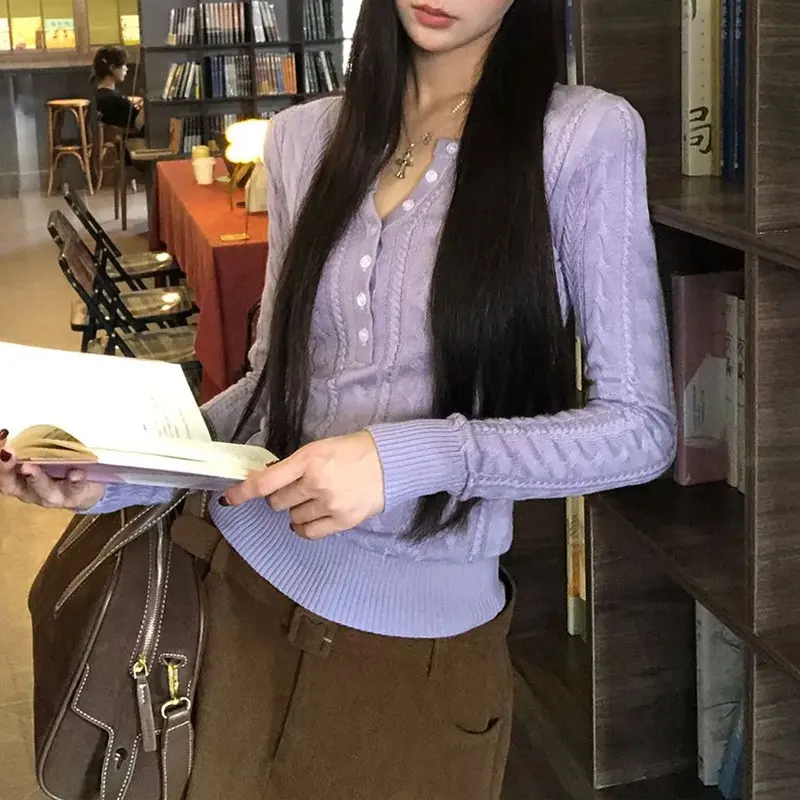 Solid Light Purple Knit Sweaters Ladies Partial V-Neck Cable Texture Long Sleeve Button Front Cropped Jumpers Daily Pullovers
