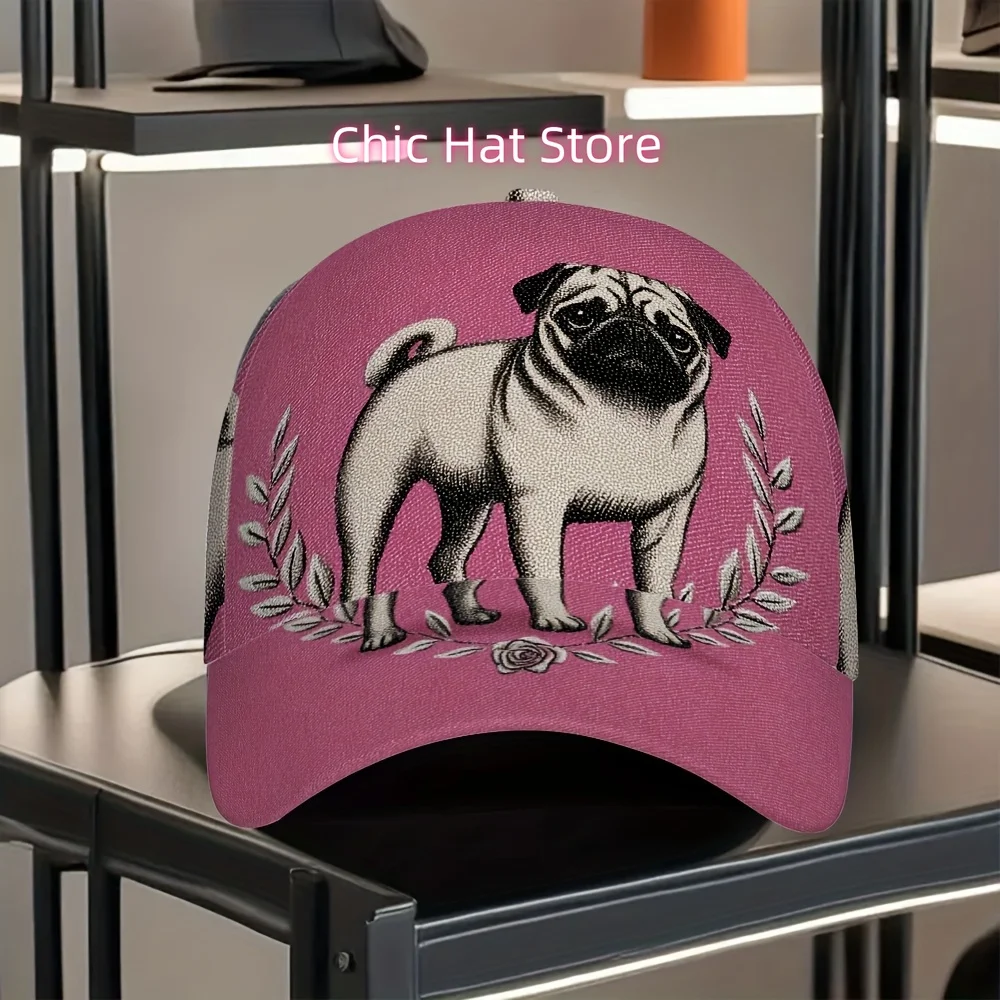 Stylish Design 1pc Pug Elegance Print Classic Baseball Cap - Adjustable, Comfortable, Lightweight Hat Featuring a Floral Pattern