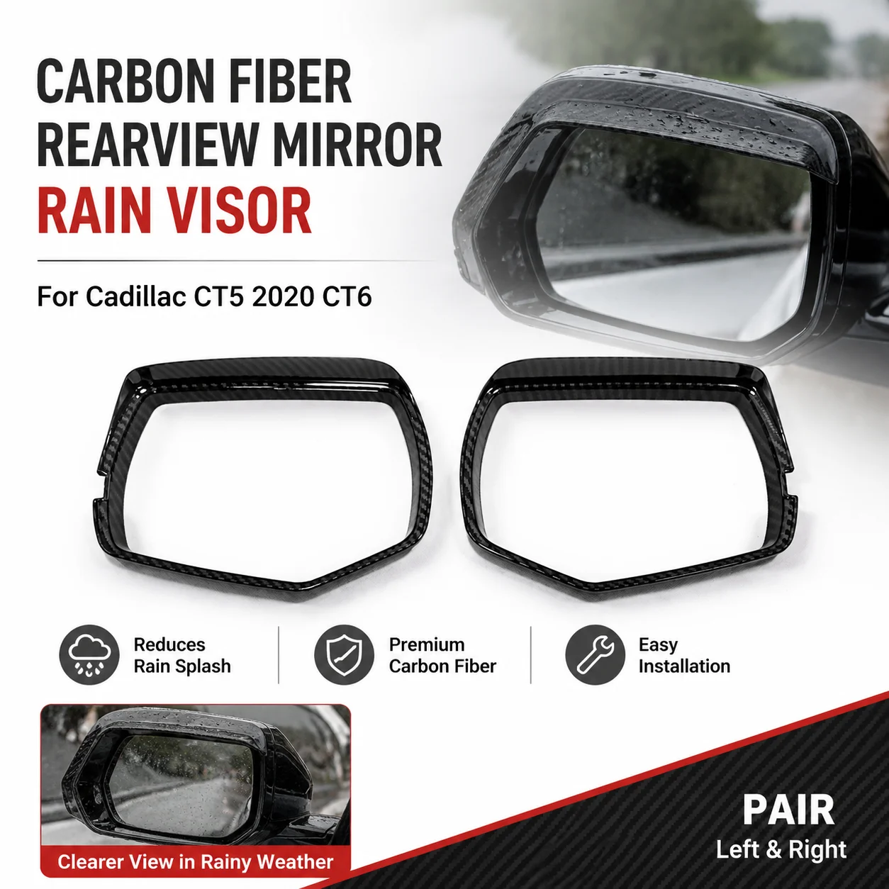 Carbon Fiber Rearview Mirror Rain Visor for Cadillac CT5 2020 CT6 (Pair)