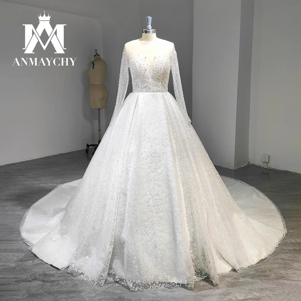 ANMAYCHY a خط الأكمام فساتين زفاف فاخرة للنساء الحبيب طويلة أنيقة بلا ظهر الخرز ثوب زفاف Vestidos De Novia