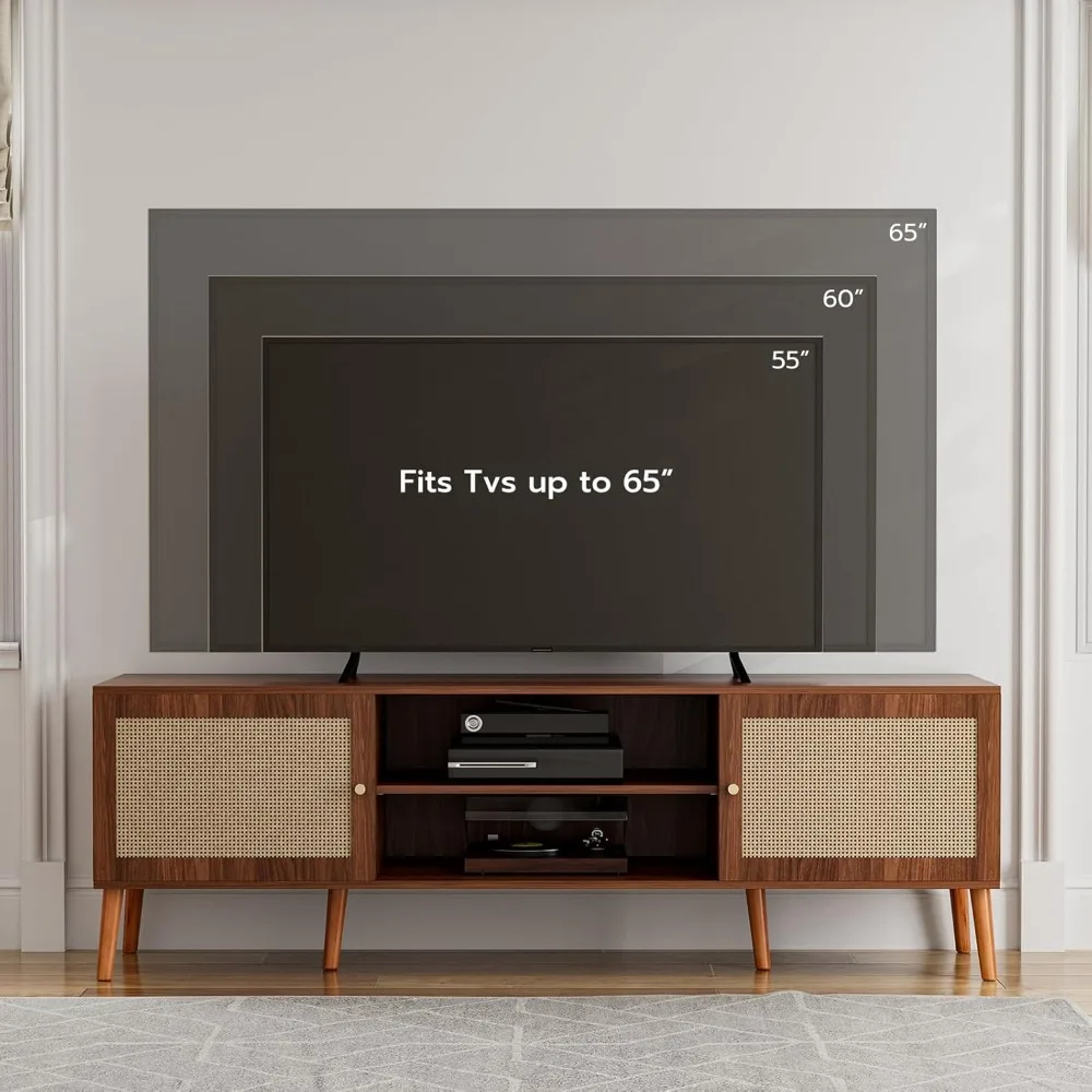 حامل تلفزيون كبير 65، مركز ترفيه بباب الروطان مع أرفف وخزائن تخزين، وحدة تحكم أنيقة لوسائط بوهو لغرفة المعيشة