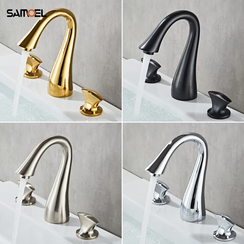 

Swan Neck Shape Bathroom Basin Faucet Three Holes Two Handle Mixers Tap Deck Mount Wash Tub Faucets WaterfallBF1049