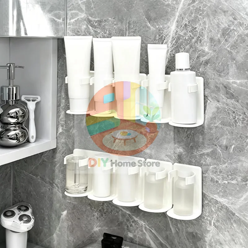 5 Grid Plastic Cosmetic Storage Rack Punch Free Wall Mounted Bathroom Shelf for Small Apartment Makeup Organization