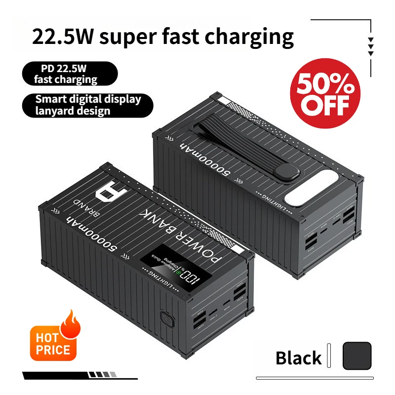 

Портативный внешний аккумулятор на 50 000 мАч со встроенными кабелями, сверхбыстрая зарядка, высокая емкость для использования на улице