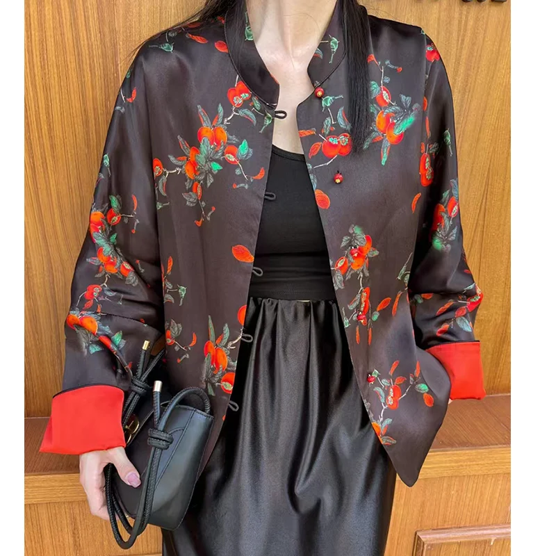 

Spring and Autumn New Rayon Printed Persimmon Ruyi New Chinese Style Contrastive Color Cuffs Single Breasted Coat S-XL