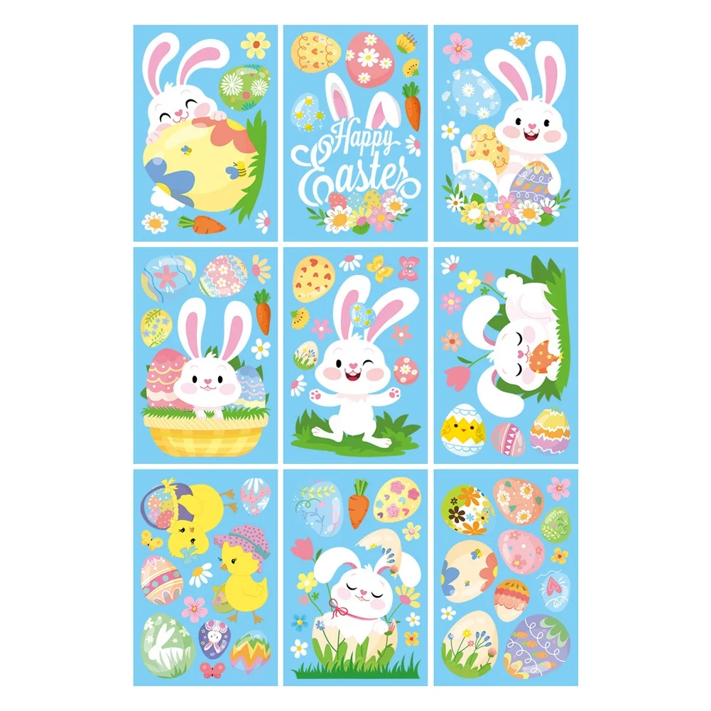 9PCS Easter Window Decals with Bunny Egg Motif 20cm x 30cm Static Clings for Glass Door or Window Spring Time Decoration