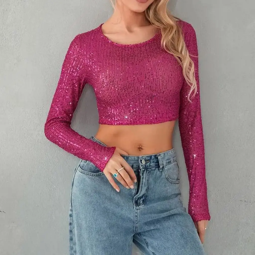 

Fashion Sequined T-Shirt Slim Fit Navel Top Sexy Hot Girl Solid Color T-Shirt Autumn Style