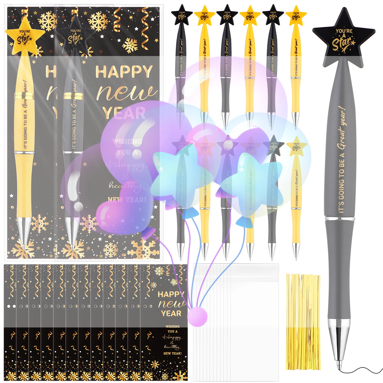 

24Sets Happy New Year Gifts Include Star Pens Blessing Cards You're a Star Ballpoint Pen with Tie Opp Bag for Employee Coworkers