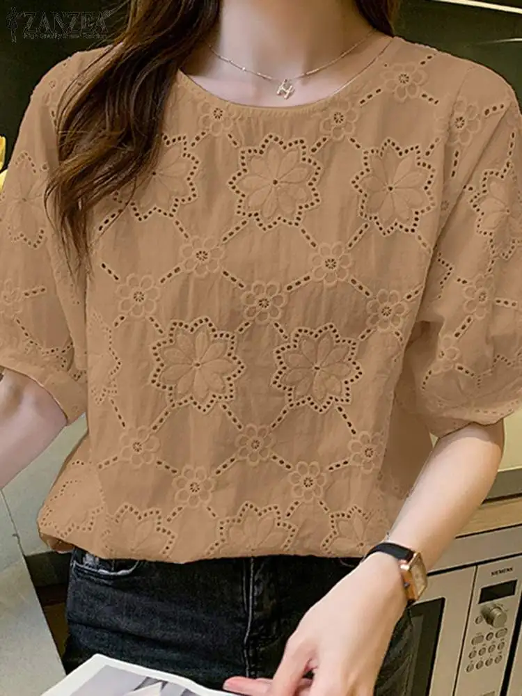 ZANZEA Women Embroidery Blouse Summer Short Sleeve Tops Tunic O Neck Elegant Work Blusas Causal Shirt Lace Crochet Party Chemise