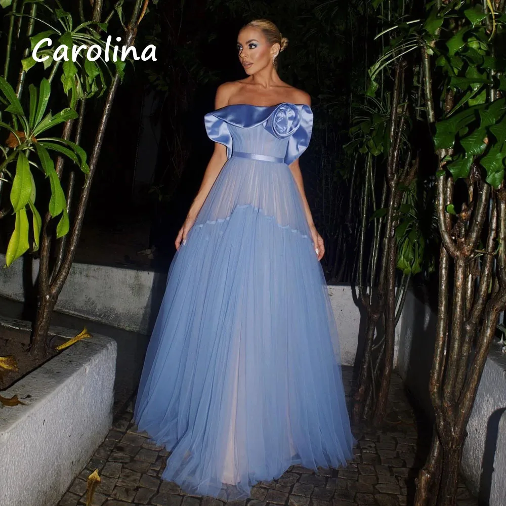 

Carolina Customized Blue Strapless Formal Evening Dress with Flowers Sleeveless A-line Tulle vestidos de noiva Floor-length 2025