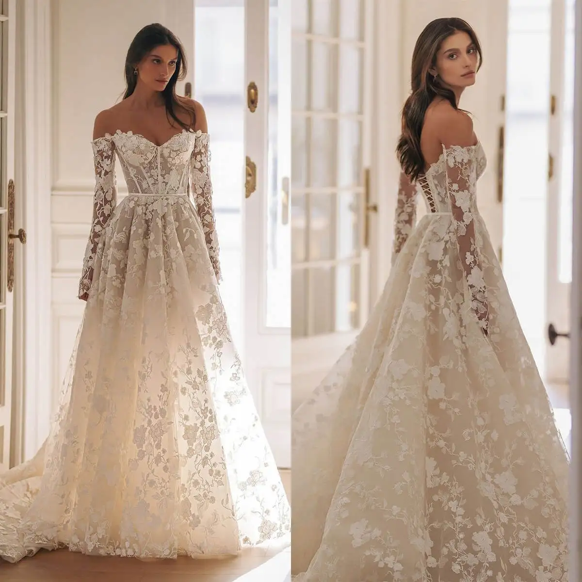 Princess A-Line Wedding Dresses  Strapless Appliques Lace Long Sleeve Bridal Gowns Prom Dresses Vestido de novia Customized