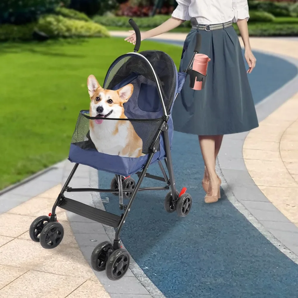 

Foldable All-Weather Pet Dog Stroller with Rain Canopy & Cup Holder, 4-Wheel Compact Design with Rear Pocket, Gray